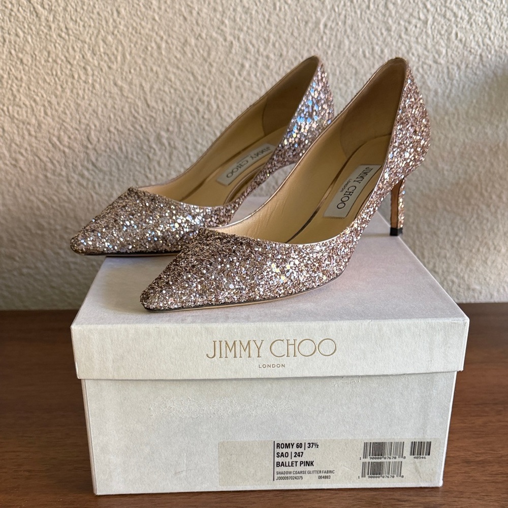 JIMMY CHOO - ROMY 60 37.5 Ballet Pink - Shadow Coarse Glitter Fabric